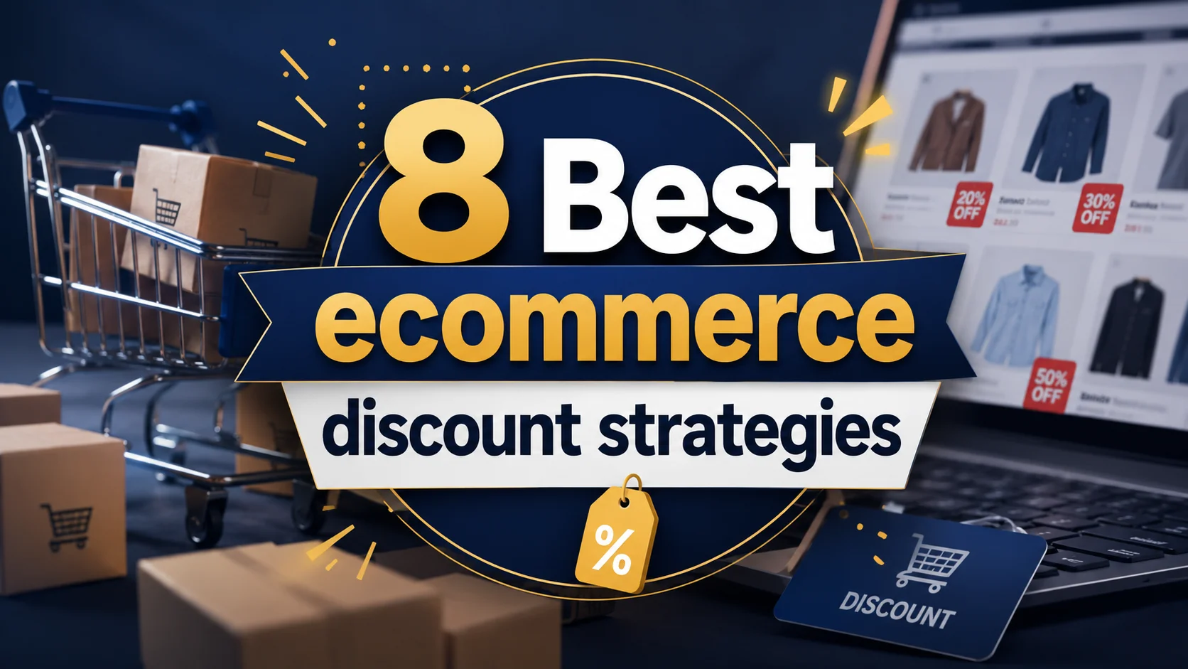 Illustration showcasing eight different ecommerce discount strategies to boost online retail sales.