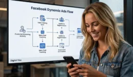 Australian woman looking at her smartphone in front of a monitor showing Facebook Dynamic Ads flow chart