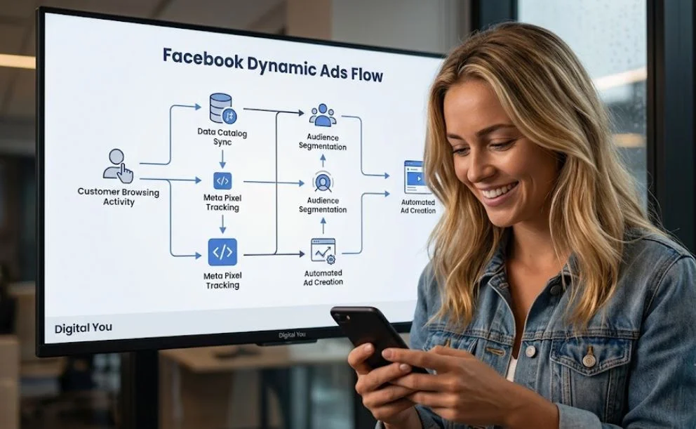Australian woman looking at her smartphone in front of a monitor showing Facebook Dynamic Ads flow chart