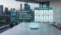 Alt Text: A futuristic digital marketing office workspace displaying a holographic 8-step blueprint panel for Google Ads campaign success over an executive conference table, featuring data charts and ROI conversion funnels.