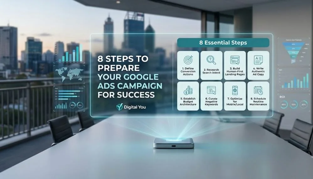Alt Text: A futuristic digital marketing office workspace displaying a holographic 8-step blueprint panel for Google Ads campaign success over an executive conference table, featuring data charts and ROI conversion funnels.