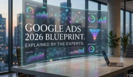 A futuristic digital marketing office featuring a translucent holographic screen displaying a Google Ads 2026 blueprint with Performance Max data charts, conversion funnels, and ROI metrics over an empty conference table.