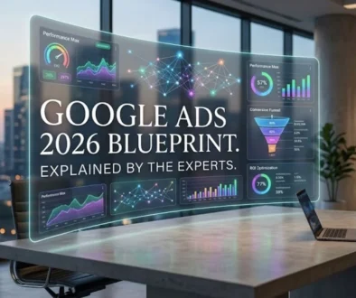 A futuristic digital marketing office featuring a translucent holographic screen displaying a Google Ads 2026 blueprint with Performance Max data charts, conversion funnels, and ROI metrics over an empty conference table.