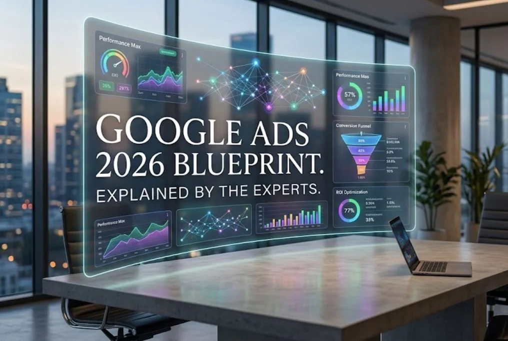 A futuristic digital marketing office featuring a translucent holographic screen displaying a Google Ads 2026 blueprint with Performance Max data charts, conversion funnels, and ROI metrics over an empty conference table.