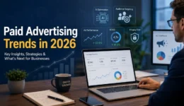 A professional digital marketing workspace showing a businessperson working on a laptop with advertising dashboards, analytics charts, and performance metrics. The image features the headline “Paid Advertising Trends in 2026” with visual elements representing AI optimisation, audience targeting, ROAS, and privacy-focused strategies in a modern office setting.