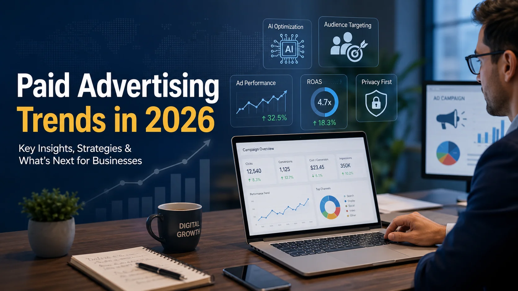 A professional digital marketing workspace showing a businessperson working on a laptop with advertising dashboards, analytics charts, and performance metrics. The image features the headline “Paid Advertising Trends in 2026” with visual elements representing AI optimisation, audience targeting, ROAS, and privacy-focused strategies in a modern office setting.