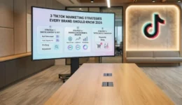 Modern corporate office featuring a large LED display showcasing a presentation titled '3 TikTok Marketing Strategies Every Brand Should Know 2026' alongside a glowing TikTok wall logo.