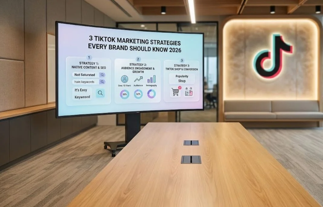 Modern corporate office featuring a large LED display showcasing a presentation titled '3 TikTok Marketing Strategies Every Brand Should Know 2026' alongside a glowing TikTok wall logo.