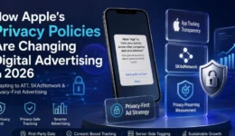 Apple privacy policies changing digital advertising in 2026, featuring an iPhone with App Tracking Transparency, SKAdNetwork, privacy-preserving measurement, first-party data, consent-based tracking, and server-side tagging.