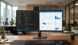 Professional computer setup displaying website performance analytics, technical code, and dashboard growth charts for common website issues.