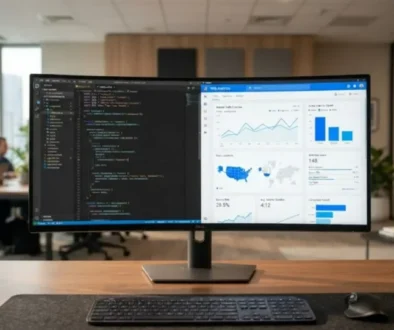 Professional computer setup displaying website performance analytics, technical code, and dashboard growth charts for common website issues.