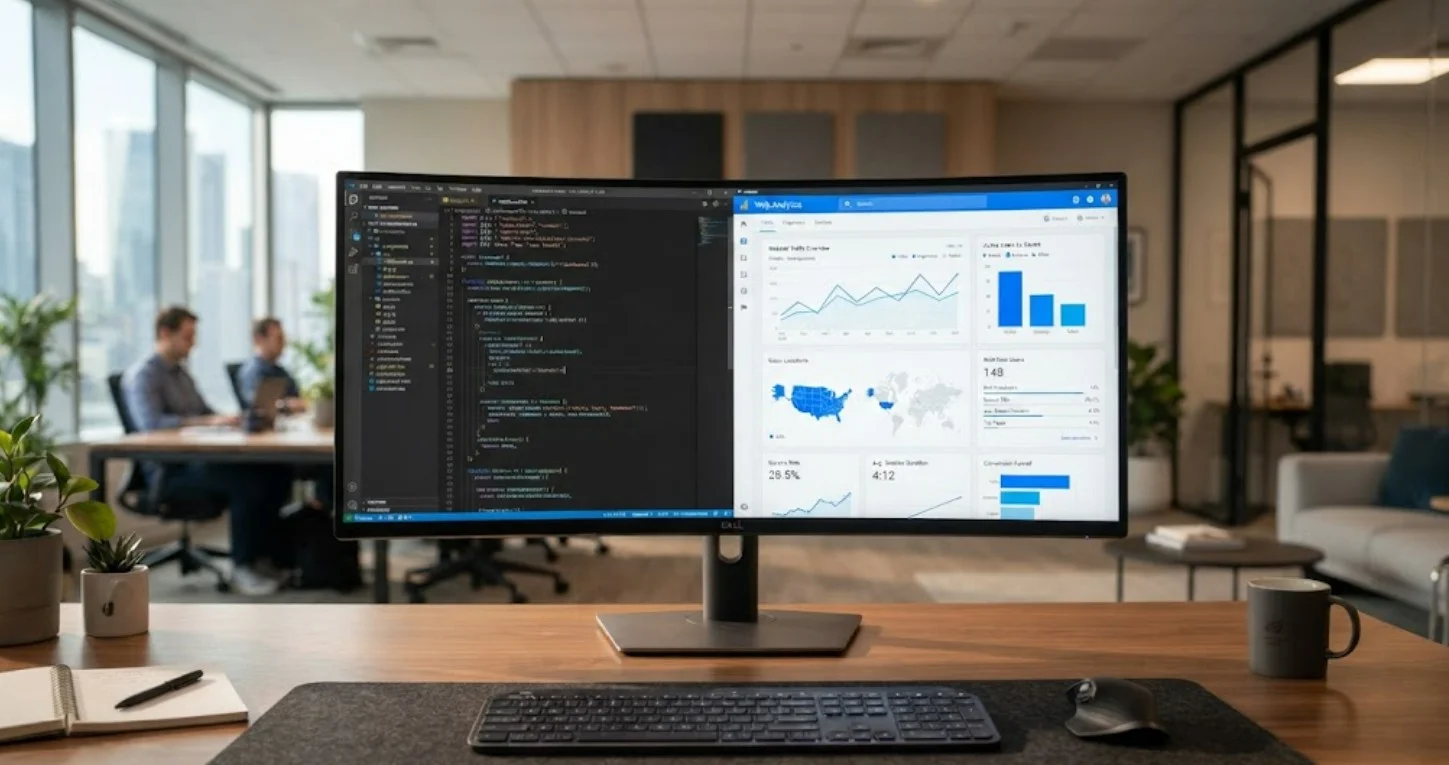 Professional computer setup displaying website performance analytics, technical code, and dashboard growth charts for common website issues.