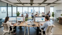 Modern digital marketing agency office workspace in Perth showing analytics charts.