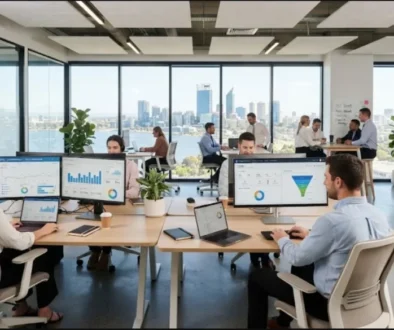 Modern digital marketing agency office workspace in Perth showing analytics charts.