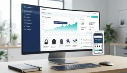 Professional e-commerce website design dashboard displayed on a modern widescreen desktop monitor with sales analytics, product listings, and mobile preview on a wooden desk.