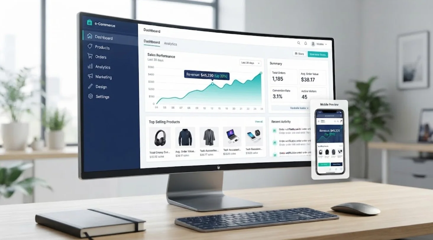 Professional e-commerce website design dashboard displayed on a modern widescreen desktop monitor with sales analytics, product listings, and mobile preview on a wooden desk.