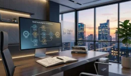 Modern modern office desk setup with a computer monitor displaying an email nurturing for conversions strategy workflow diagram.
