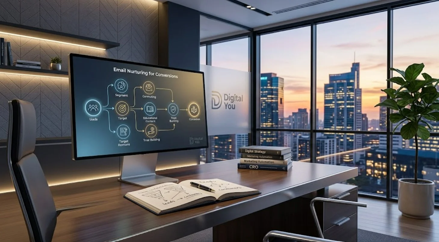 Modern modern office desk setup with a computer monitor displaying an email nurturing for conversions strategy workflow diagram.