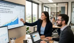 Digital marketing team analyzing Google Ads campaign goals and performance graphs on a large screen in a modern office.