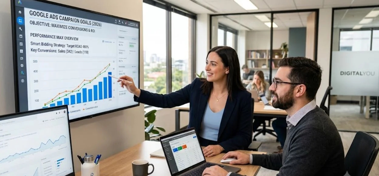 Digital marketing team analyzing Google Ads campaign goals and performance graphs on a large screen in a modern office.