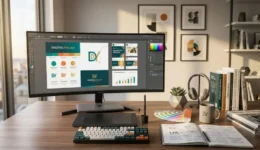 Modern designer workstation displaying high-converting digital marketing graphics and brand guidelines on a monitor.