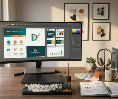 Modern designer workstation displaying high-converting digital marketing graphics and brand guidelines on a monitor.