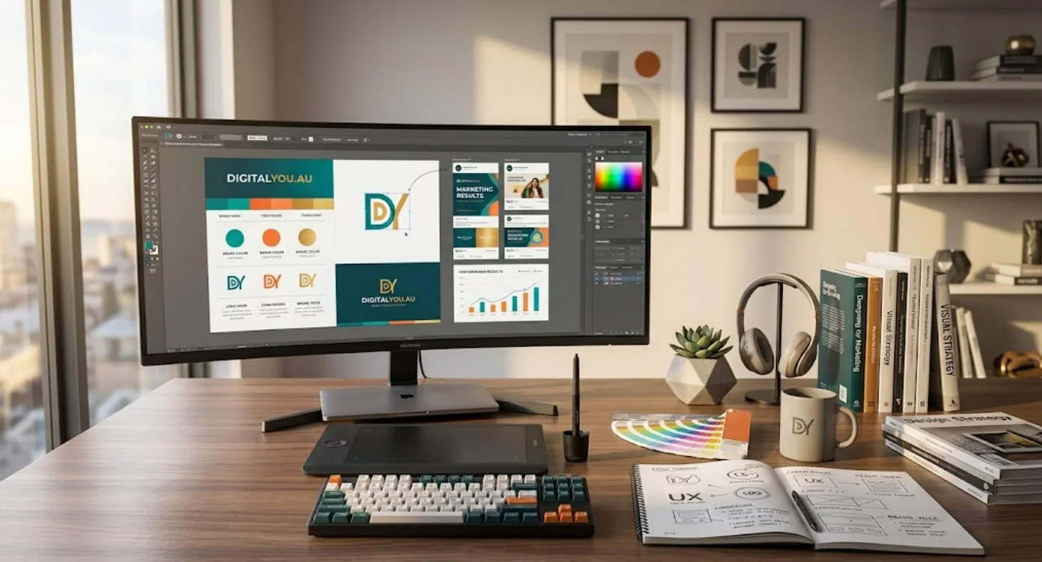 Modern designer workstation displaying high-converting digital marketing graphics and brand guidelines on a monitor.