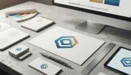 Professional workspace showing logo design sketches, color swatches, and branding mockups on a desk.