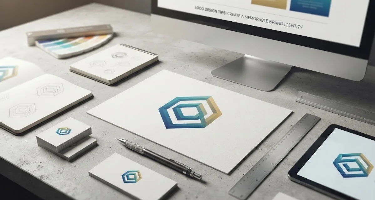 Professional workspace showing logo design sketches, color swatches, and branding mockups on a desk.
