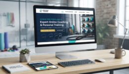 Here is an SEO-optimized alt text option for your feature image: **Alt Text:** > `A modern desktop computer and tablet on a wooden desk displaying a professional personal trainer website design with fitness branding, call-to-action buttons, and workout equipment in the background.`
