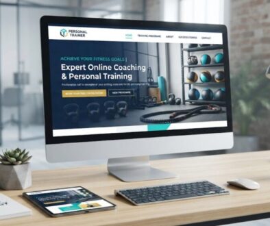 Here is an SEO-optimized alt text option for your feature image: **Alt Text:** > `A modern desktop computer and tablet on a wooden desk displaying a professional personal trainer website design with fitness branding, call-to-action buttons, and workout equipment in the background.`