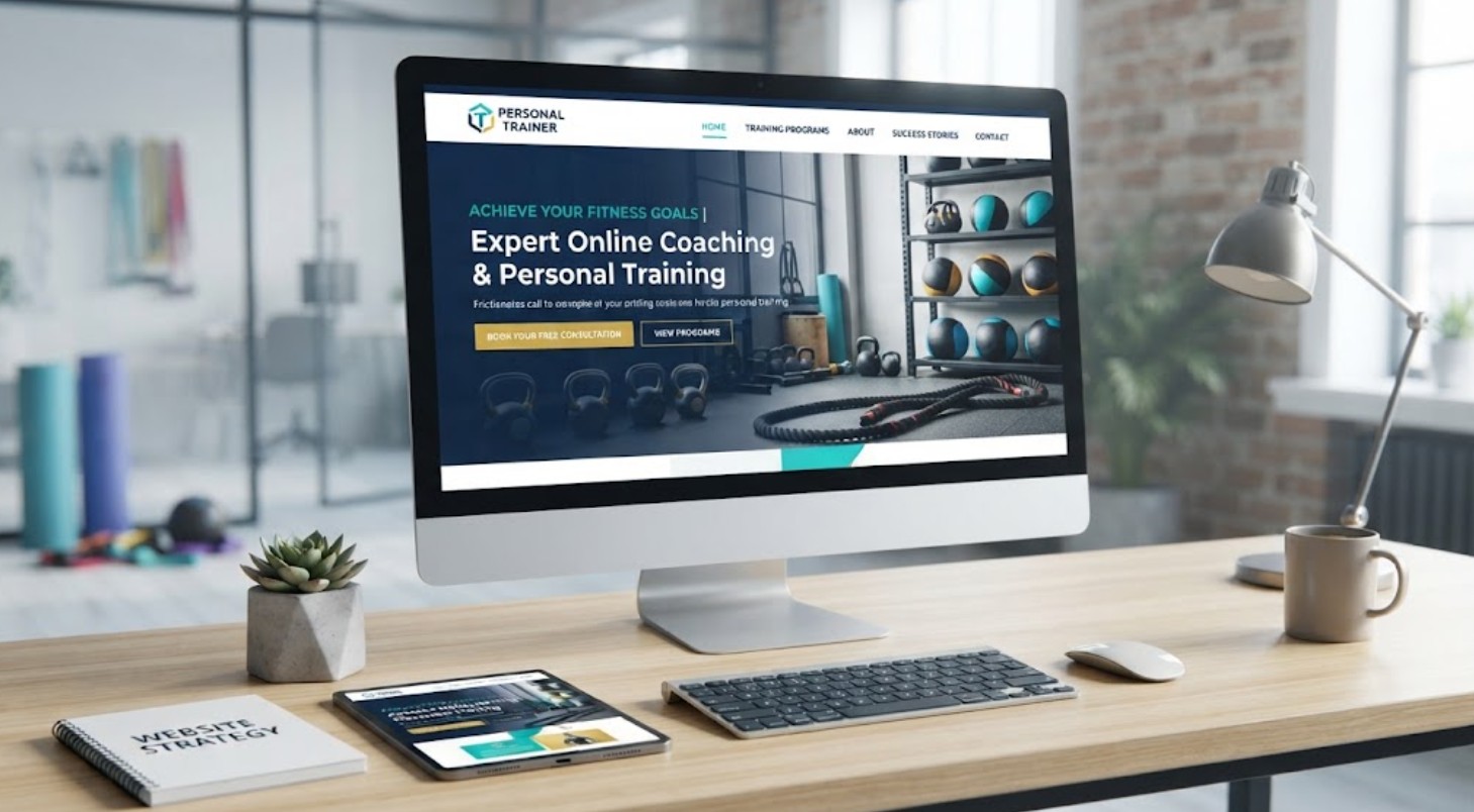 Here is an SEO-optimized alt text option for your feature image: **Alt Text:** > `A modern desktop computer and tablet on a wooden desk displaying a professional personal trainer website design with fitness branding, call-to-action buttons, and workout equipment in the background.`