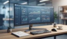 Curved monitor displaying a website health dashboard with metrics on a desk.