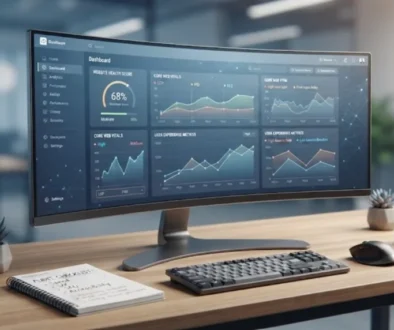 Curved monitor displaying a website health dashboard with metrics on a desk.