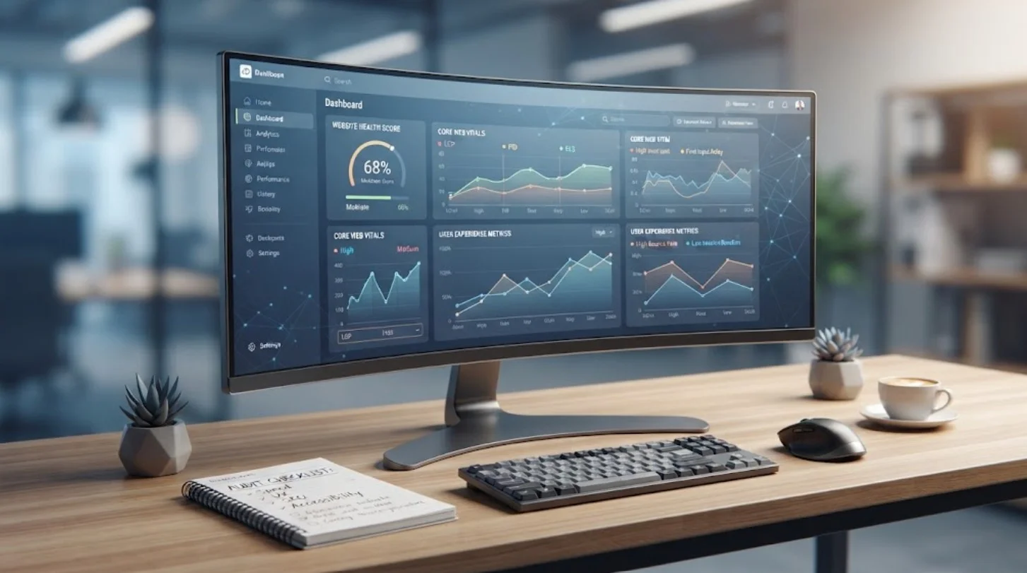 Curved monitor displaying a website health dashboard with metrics on a desk.