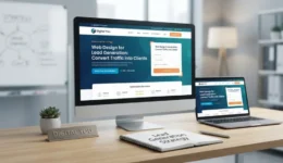 Web design setup displaying lead generation strategies, conversion layouts, and a desktop workspace.