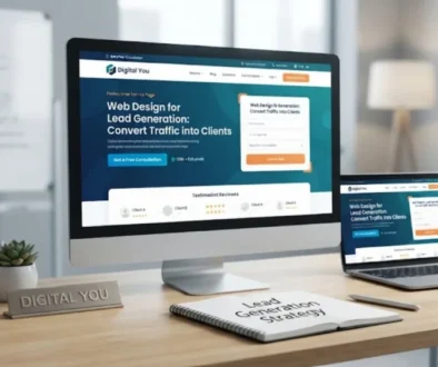 Web design setup displaying lead generation strategies, conversion layouts, and a desktop workspace.