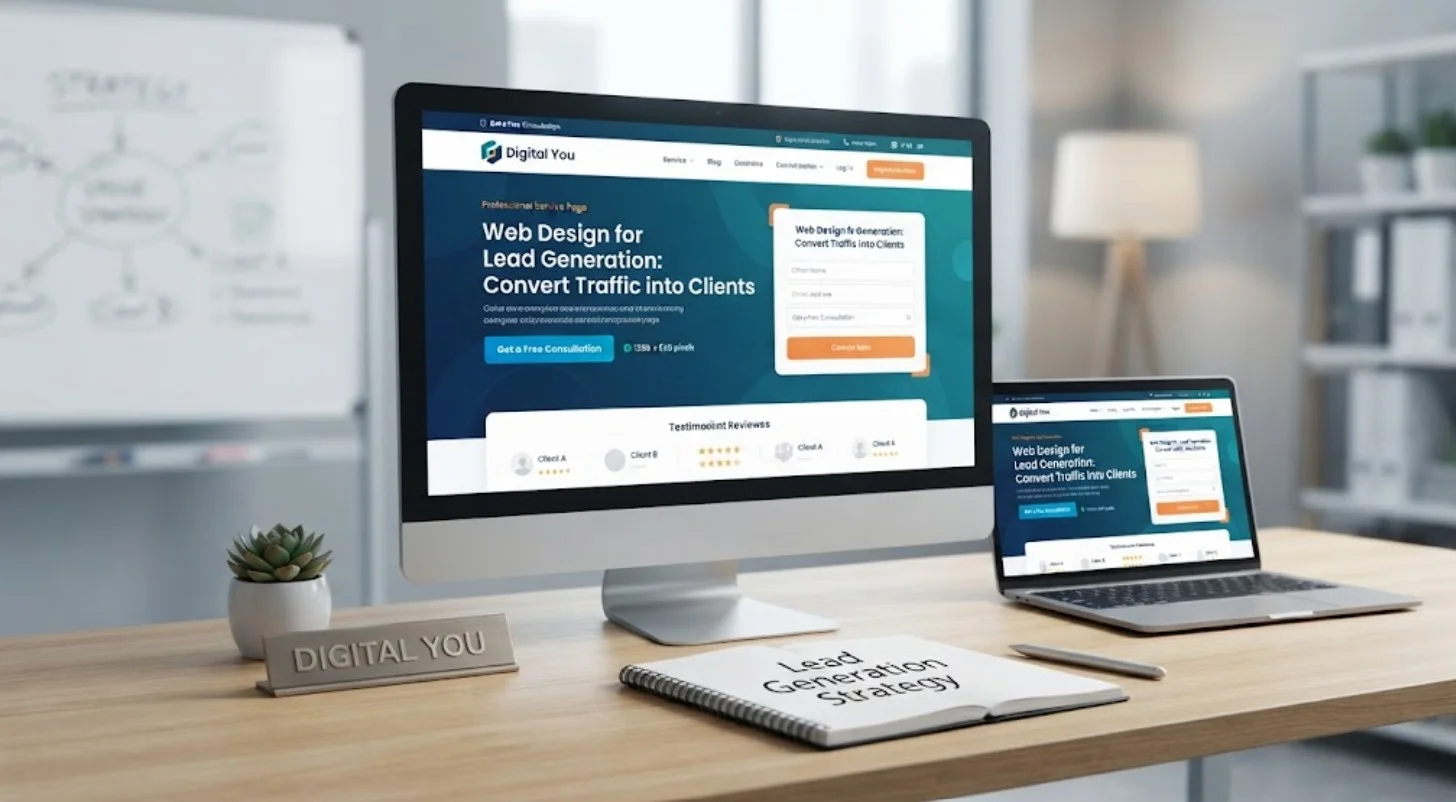 Web design setup displaying lead generation strategies, conversion layouts, and a desktop workspace.
