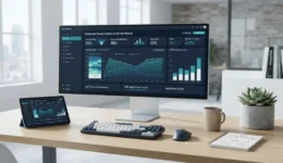 **Alt Text:** > `A modern desktop monitor and tablet on a wooden desk displaying website conversion rate optimization charts and analytics dashboards.`