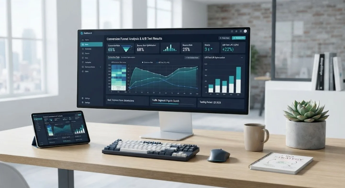 **Alt Text:** > `A modern desktop monitor and tablet on a wooden desk displaying website conversion rate optimization charts and analytics dashboards.`
