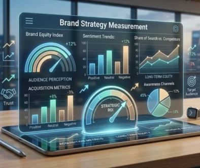 Brand strategy measurement dashboard on a glass screen displaying ROI, equity index, share of search, and sentiment analytics in a modern office.