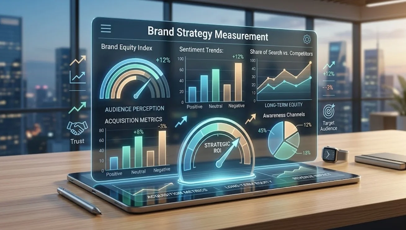 Brand strategy measurement dashboard on a glass screen displaying ROI, equity index, share of search, and sentiment analytics in a modern office.