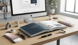 Professional desk setup featuring a brand style guide book, color swatches, and a desktop monitor displaying a website design layout.