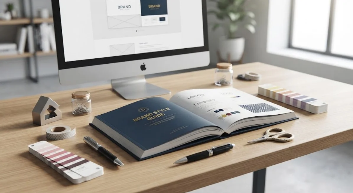 Professional desk setup featuring a brand style guide book, color swatches, and a desktop monitor displaying a website design layout.