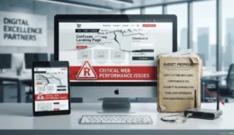 A professional workstation displaying a website performance audit with warning graphics and a budget proposal document highlighting cheap web design risks.