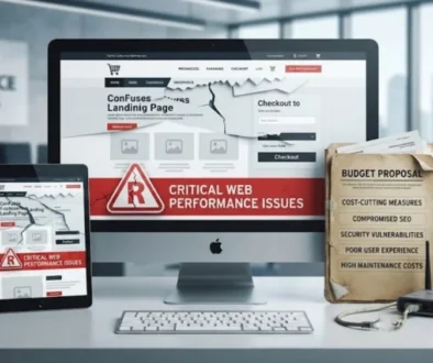 A professional workstation displaying a website performance audit with warning graphics and a budget proposal document highlighting cheap web design risks.