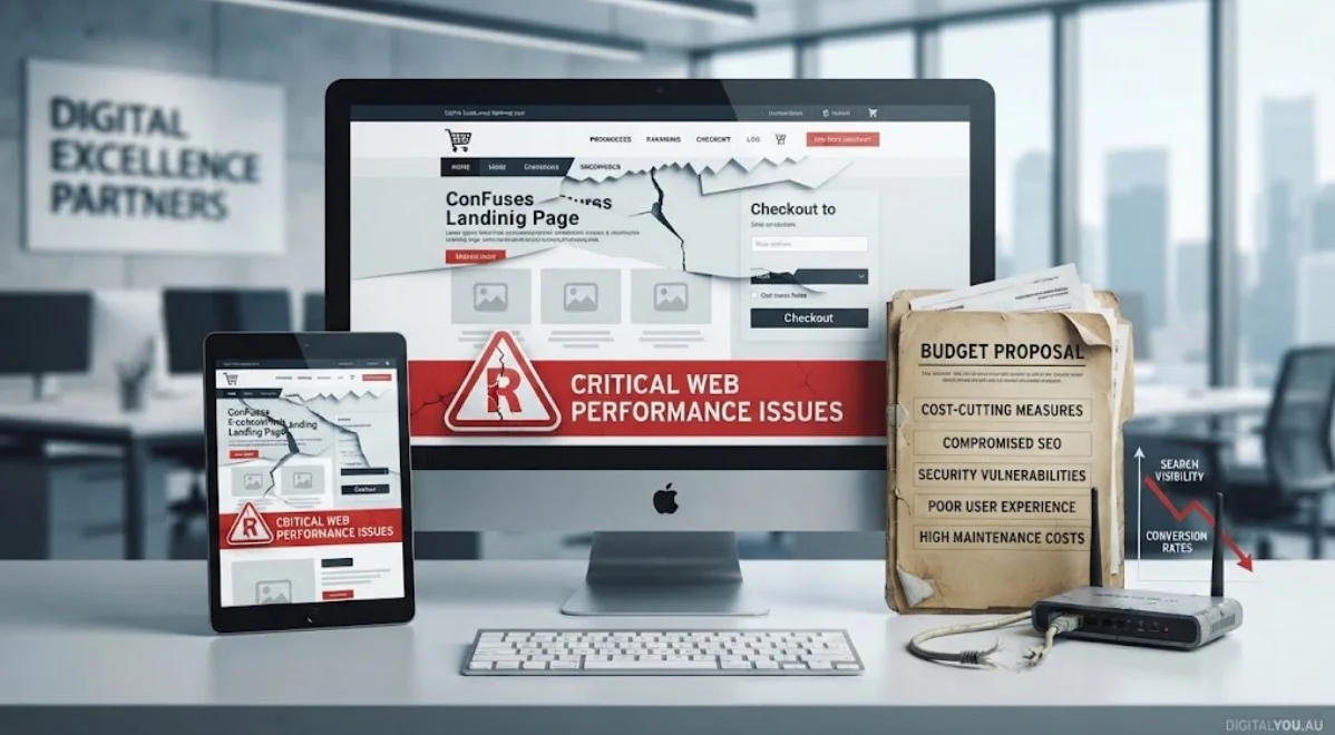 A professional workstation displaying a website performance audit with warning graphics and a budget proposal document highlighting cheap web design risks.