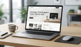 Modern laptop displaying the choosing a web designer guide on a clean wooden desk setup.