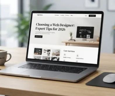 Modern laptop displaying the choosing a web designer guide on a clean wooden desk setup.