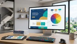 A modern design workspace featuring a desktop monitor displaying a website wireframe with an interactive colour theory wheel, desktop design tools, and a color palette tablet.